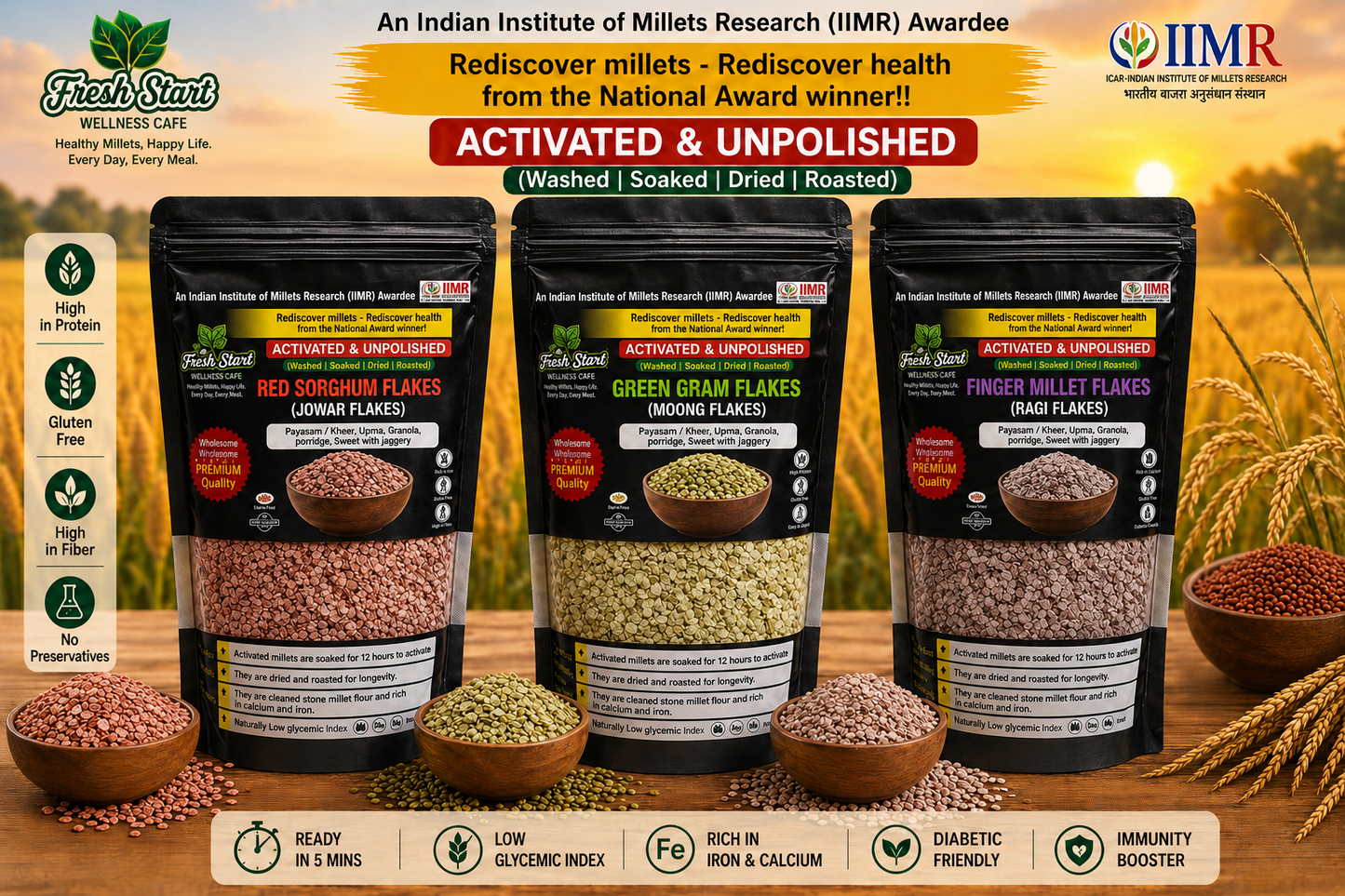 Activate Flakes Combo Pack of 3(400g each)(Green gram flakes,Red Sorghum Flakes,Finger Millet Flakes)