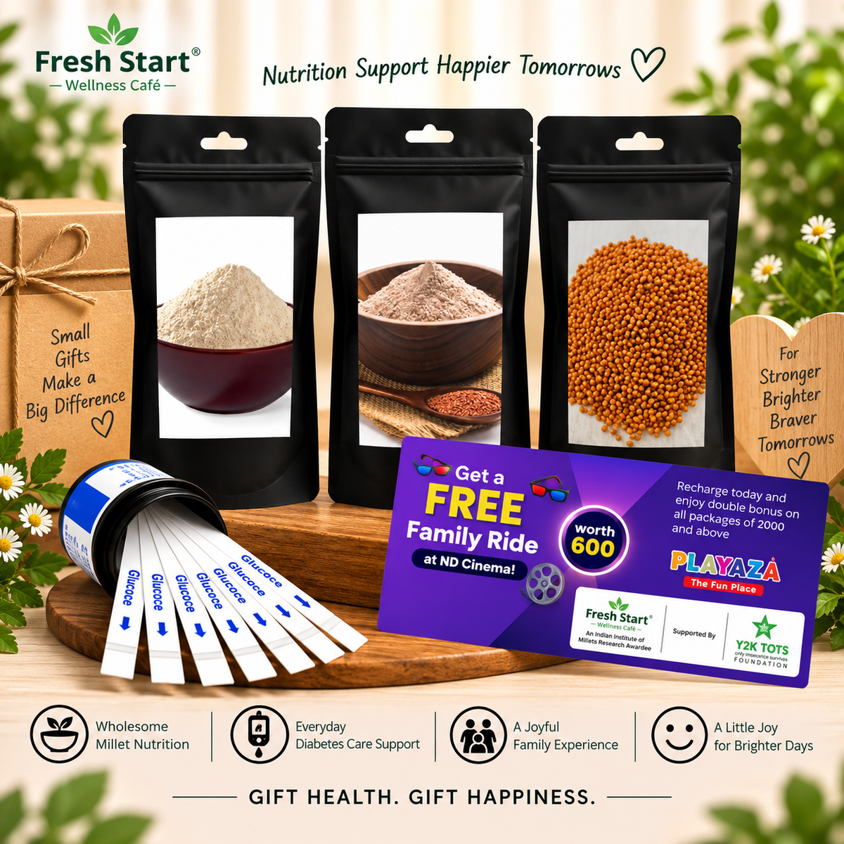 T1D Care Gift Combo – Activated & Unpolished Millet Rava & Rice + 50 Glucose Test Strips + Free Playaza Family Ride