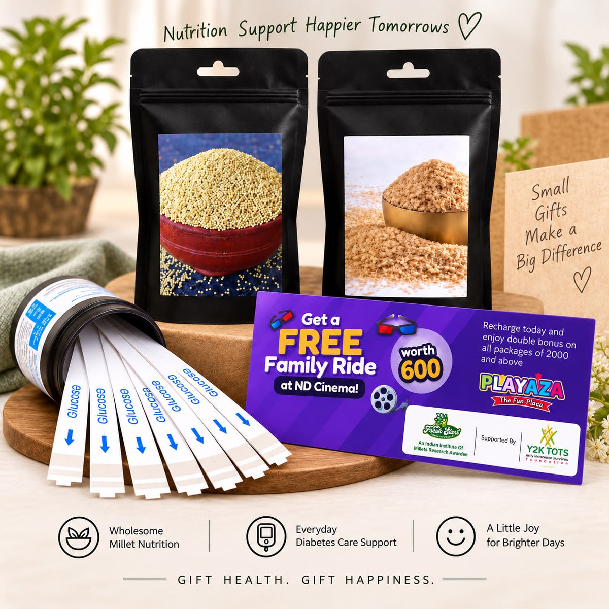 T1D Care Gift Combo – Activated & Unpolished Millet Flakes & Rice + 50 Glucose Test Strips + Free Playaza Family Ride