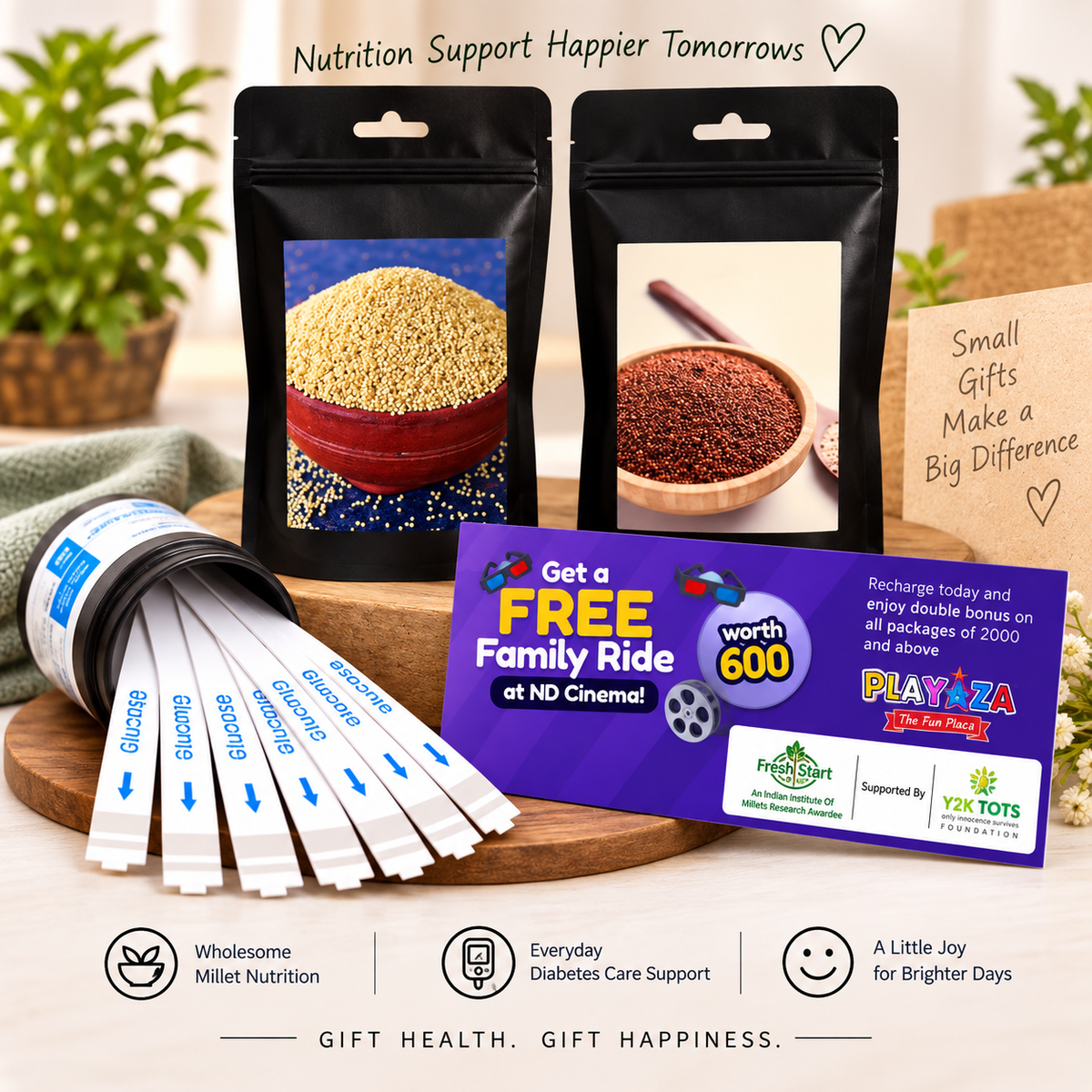 T1D Care Gift Combo – Activated & Unpolished Millet Rice + 20 Glucose Test Strips + Free Playaza Family Ride
