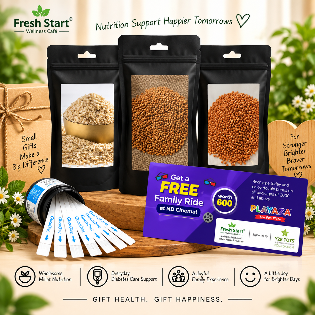 T1D Care Gift Combo – Activated & Unpolished Millet Rice & Flakes + 50 Glucose Test Strips + Free Playaza Family Ride