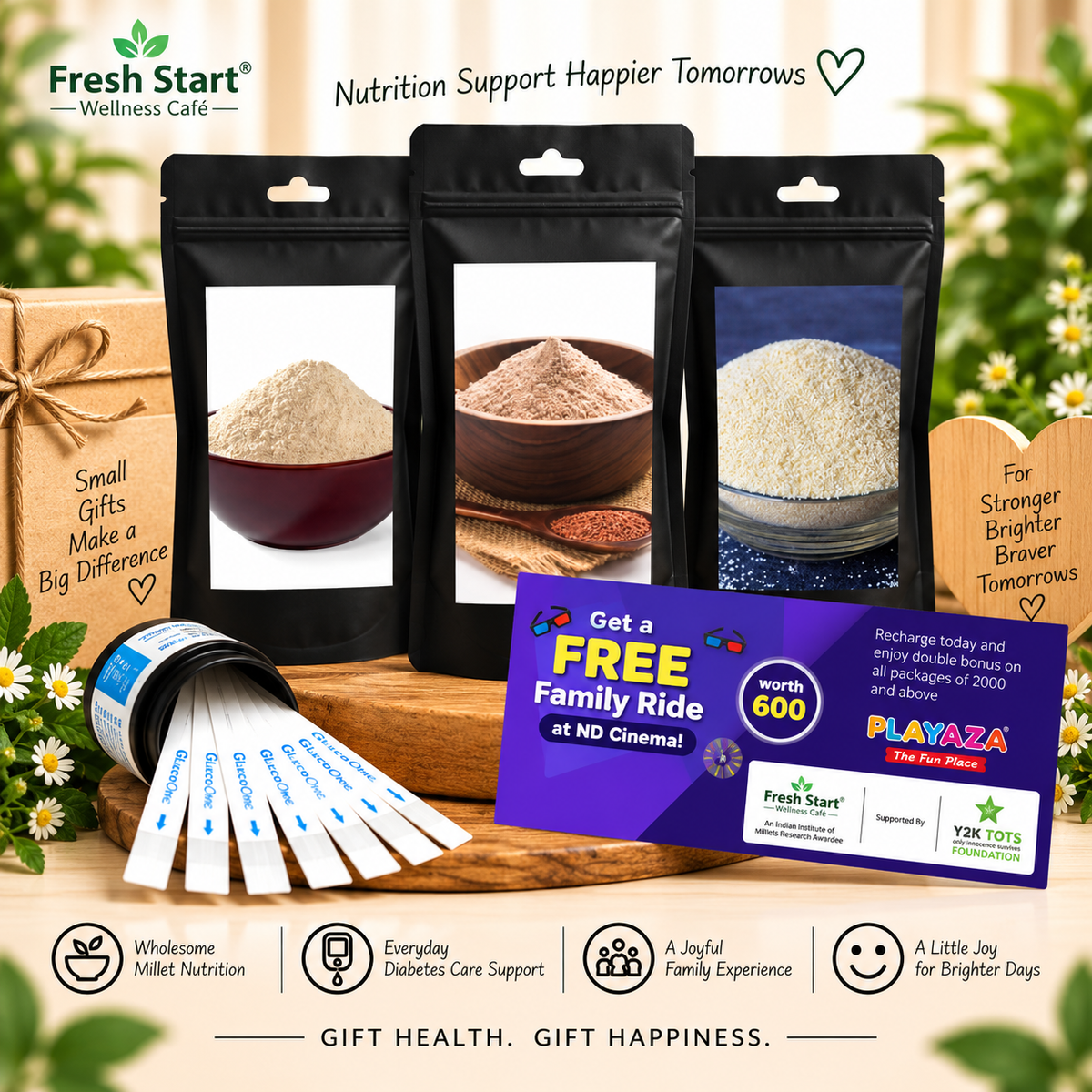 T1D Care Gift Combo – Activated & Unpolished Millet Rava Trio + 50 Glucose Test Strips + Free Playaza Family Ride