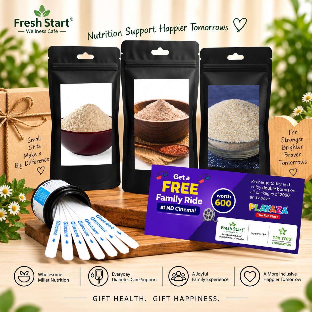 T1D Care Gift Combo – Activated & Unpolished Millet Flours & Rava + 50 Glucose Test Strips + Free Playaza Family Ride