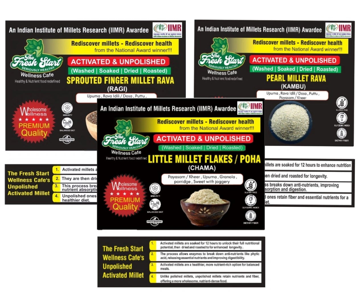 Activated 3 combo Sprouted Finger Millet (Ragi) Millet Rava , Little Millet flakes & Sprouted Pearl Millet Rava