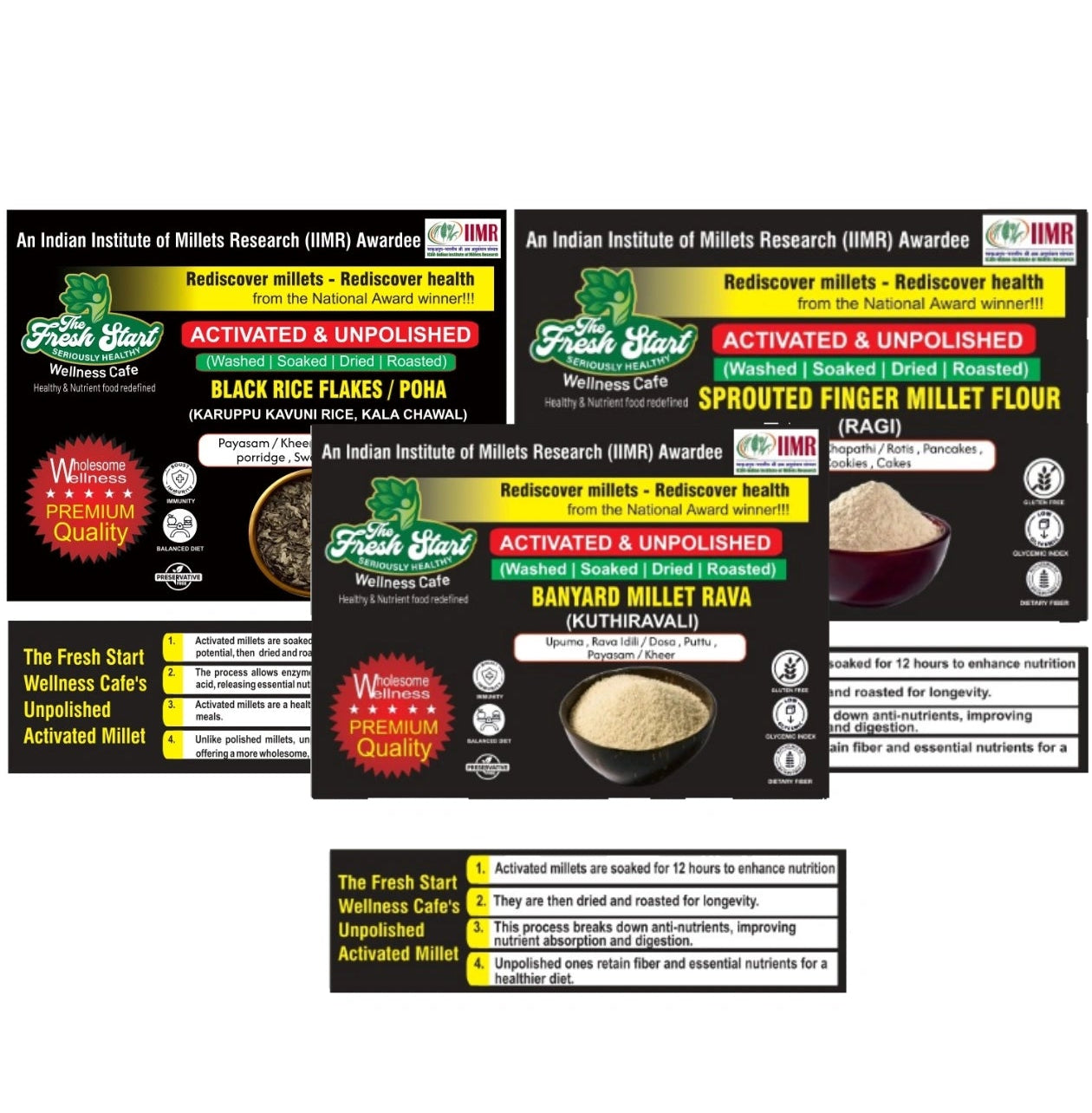 Activated 3 combo Black rice flakes ,Sprouted Ragi Millet Flour & Barnyard MIllet Rava