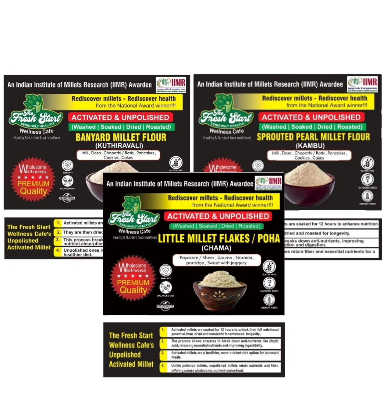 Activated 3 combo Barnyard Millet flour , Sprouted Pearl Millet flour & Little Millet flakes