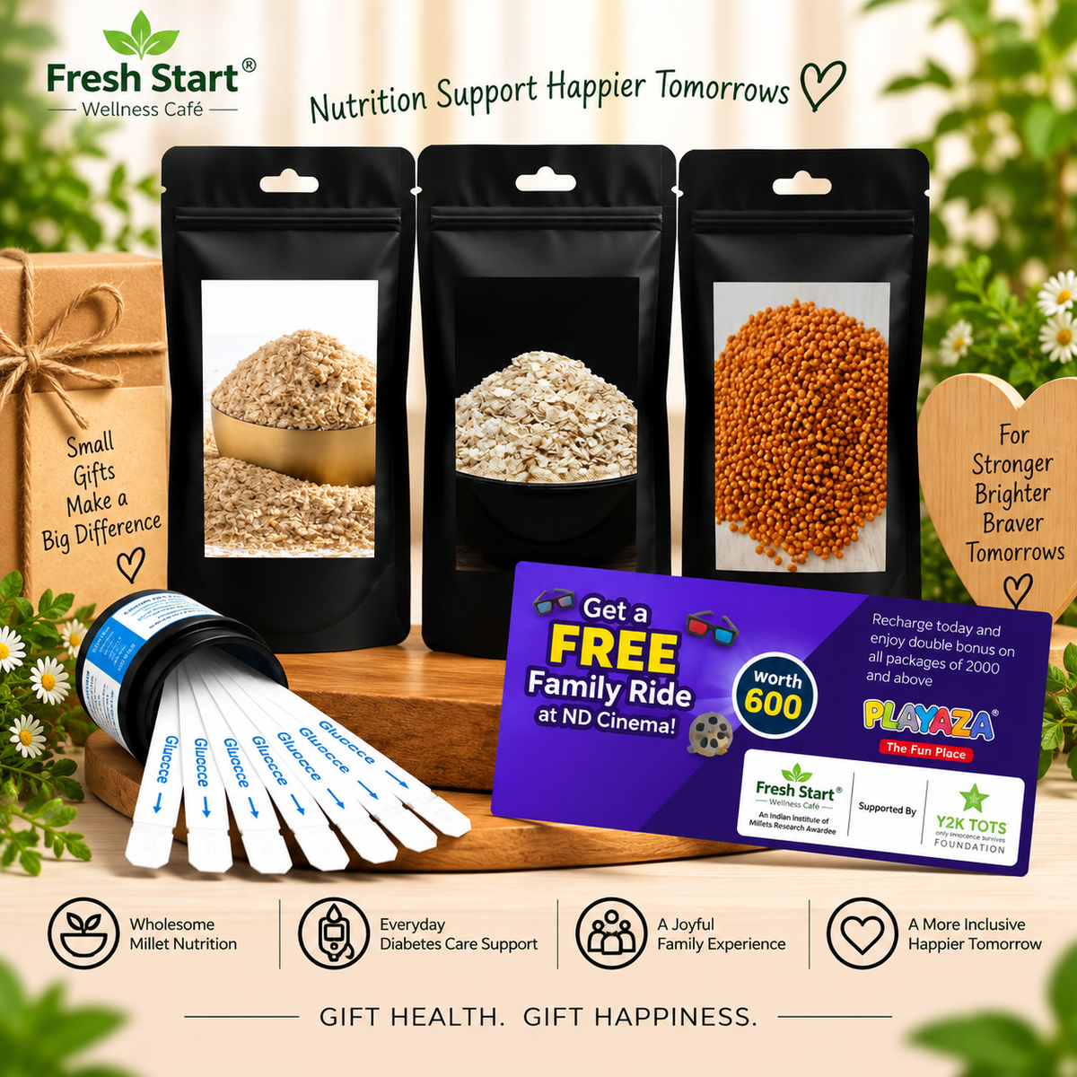 T1D Care Gift Combo – Activated & Unpolished Millet Flakes & Rice + 50 Glucose Test Strips + Free Playaza Family Ride