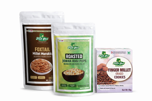 The Fresh Start wellness cafe Healthy Snack Box-3 Healthy Snacks-Ragi Jowar Pops(150g),Foxtail Millet Murukk(150g),Millet cookie Box(80g)