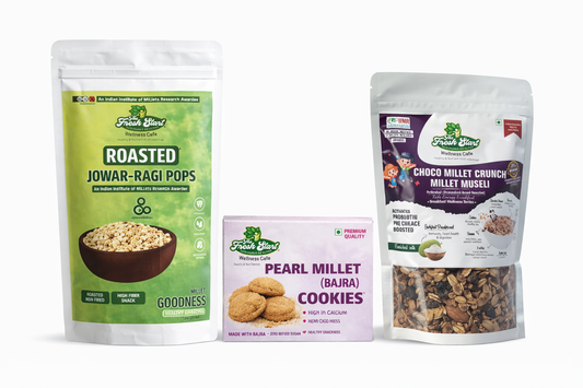 The Fresh Start Wellness Cafe Healthy Snack box-3 Healthy Snacks-Choco Crunch Millet Muesli(100g),Jowar Ragi Pops(150g),Millet Cookie Box(8 nos)