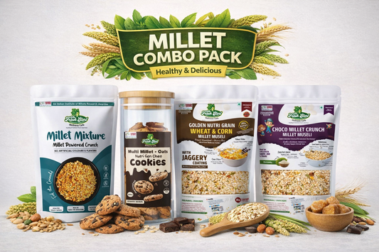The Fresh Start wellnesscafe Healthy Snack Box- 4 Healthy SnacksMillet Mixture(150g),Choco Millet Crunch Muesli(100g),Wheat Corn Muesli(100g),Handmade Millet Choco Oats Cookies(Cookieman)(140g)