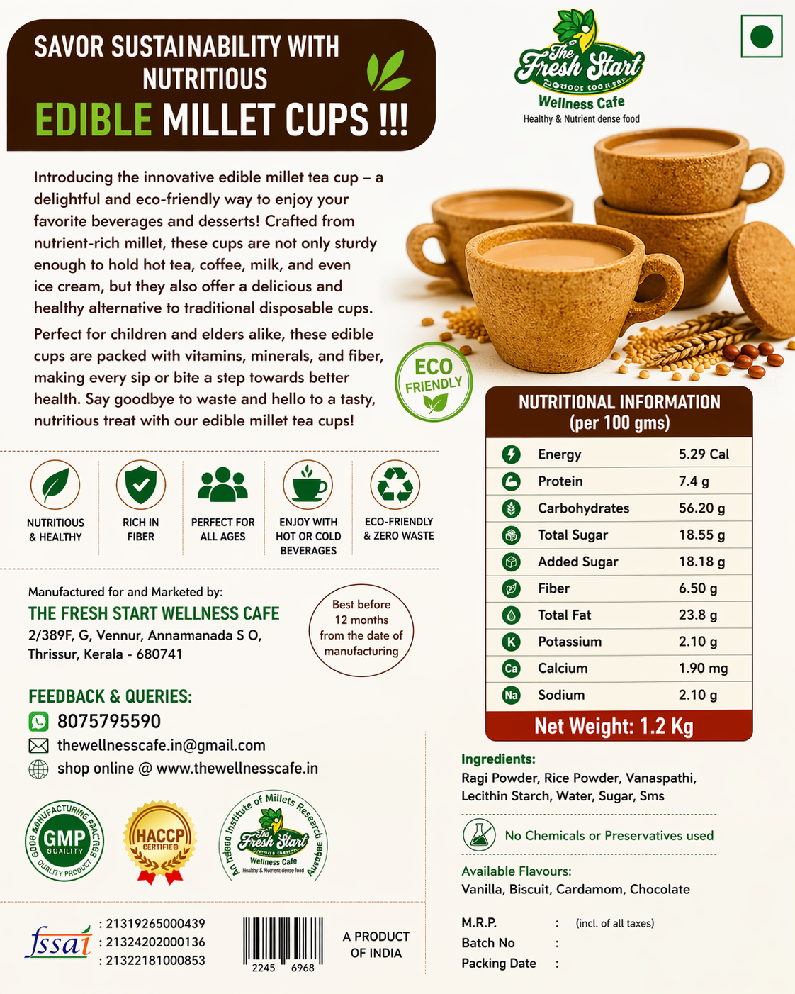 Edible Finger Millet (Ragi) TEA / ICE CREAM CUP Tea/Icecream Cup (15 Nos. Pack)