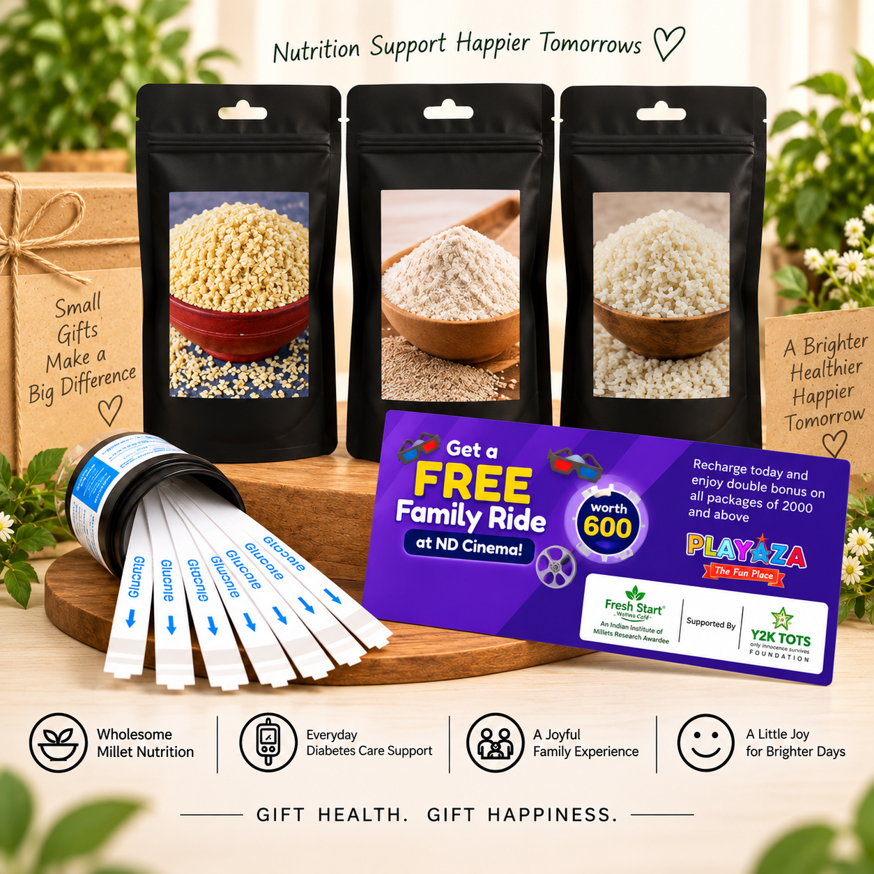 T1D Care Gift Combo – Activated & Unpolished Millet Flakes, Flour & Rice + 50 Glucose Test Strips + Free Playaza Family Ride