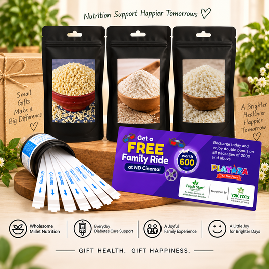 T1D Care Gift Combo – Activated & Unpolished Millet Flakes, Flour & Rice + 50 Glucose Test Strips + Free Playaza Family Ride