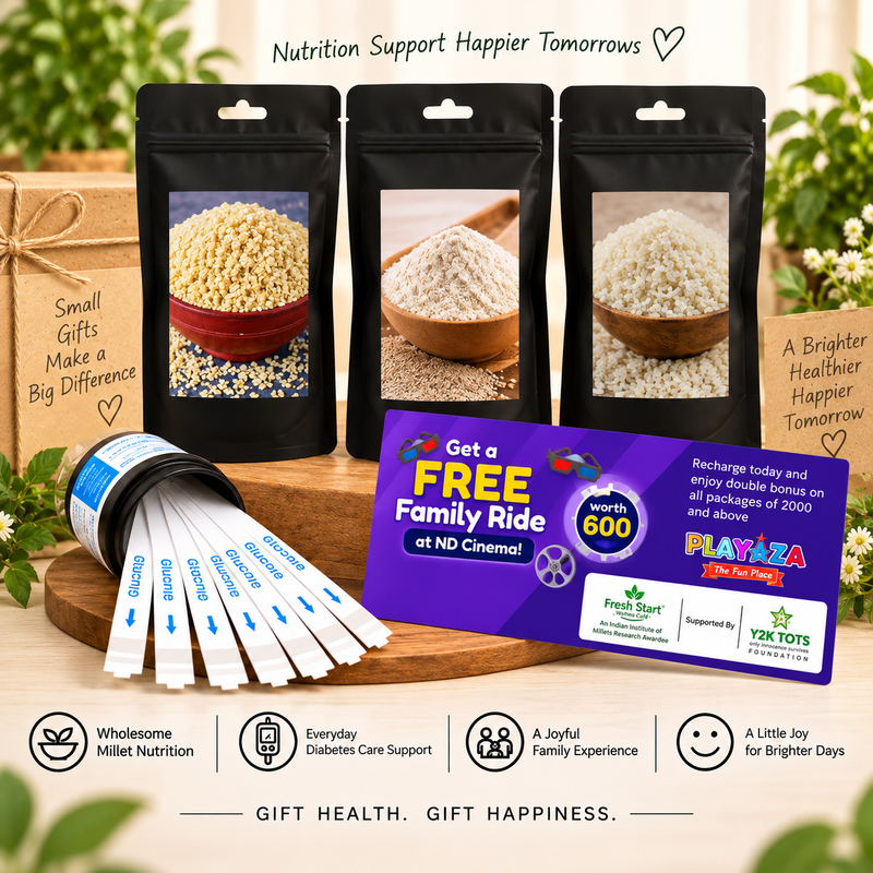 T1D Care Gift Combo – Activated & Unpolished Millet Flakes, Flour & Rice + 100 Glucose Test Strips + Free Playaza Family Ride
