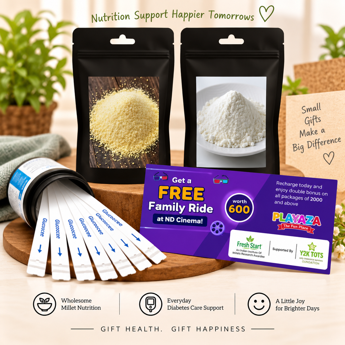 T1D Care Gift Combo – Activated & Unpolished Millet Flour & Rava + 50 Glucose Test Strips + Free Playaza Family Ride