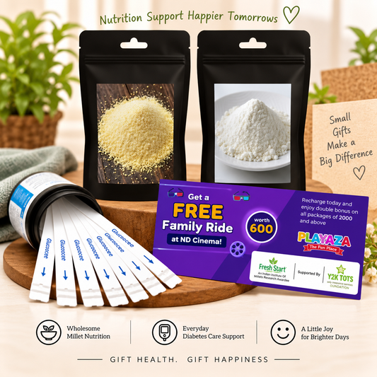 T1D Care Gift Combo – Activated & Unpolished Millet Flour & Rava + 50 Glucose Test Strips + Free Playaza Family Ride