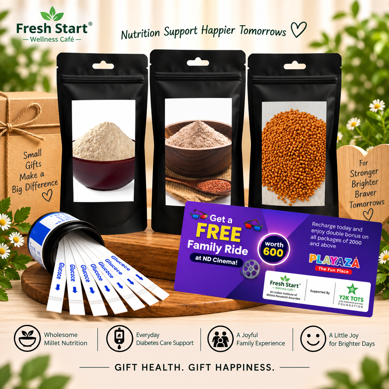 T1D Care Gift Combo – Activated & Unpolished Millet Rava & Rice + 50 Glucose Test Strips + Free Playaza Family Ride