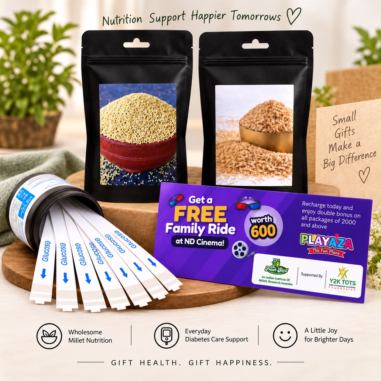 T1D Care Gift Combo – Activated & Unpolished Millet Flakes & Rice + 50 Glucose Test Strips + Free Playaza Family Ride