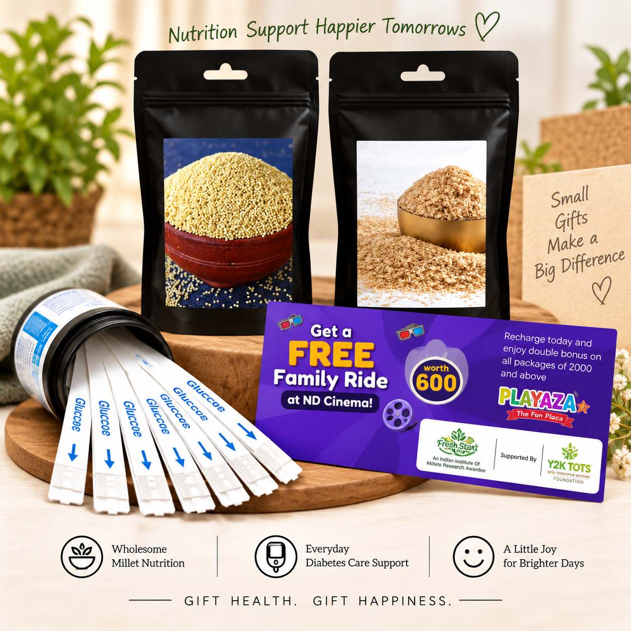 T1D Care Gift Combo – Activated & Unpolished Millet Flakes & Rice + 20 Glucose Test Strips + Free Playaza Family Ride