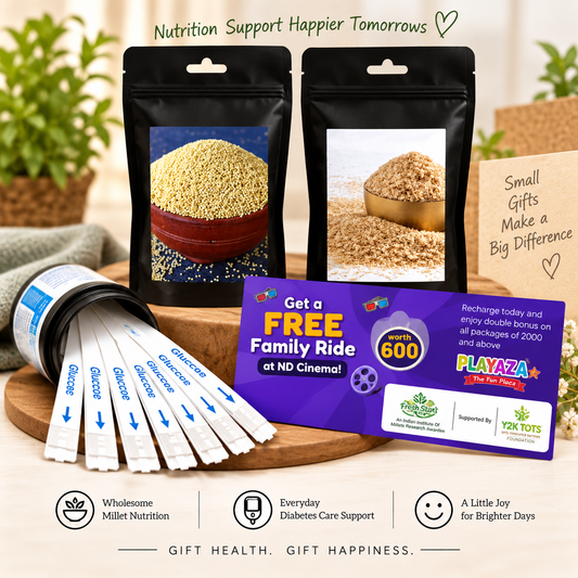 T1D Care Gift Combo – Activated & Unpolished Millet Flakes & Rice + 20 Glucose Test Strips + Free Playaza Family Ride