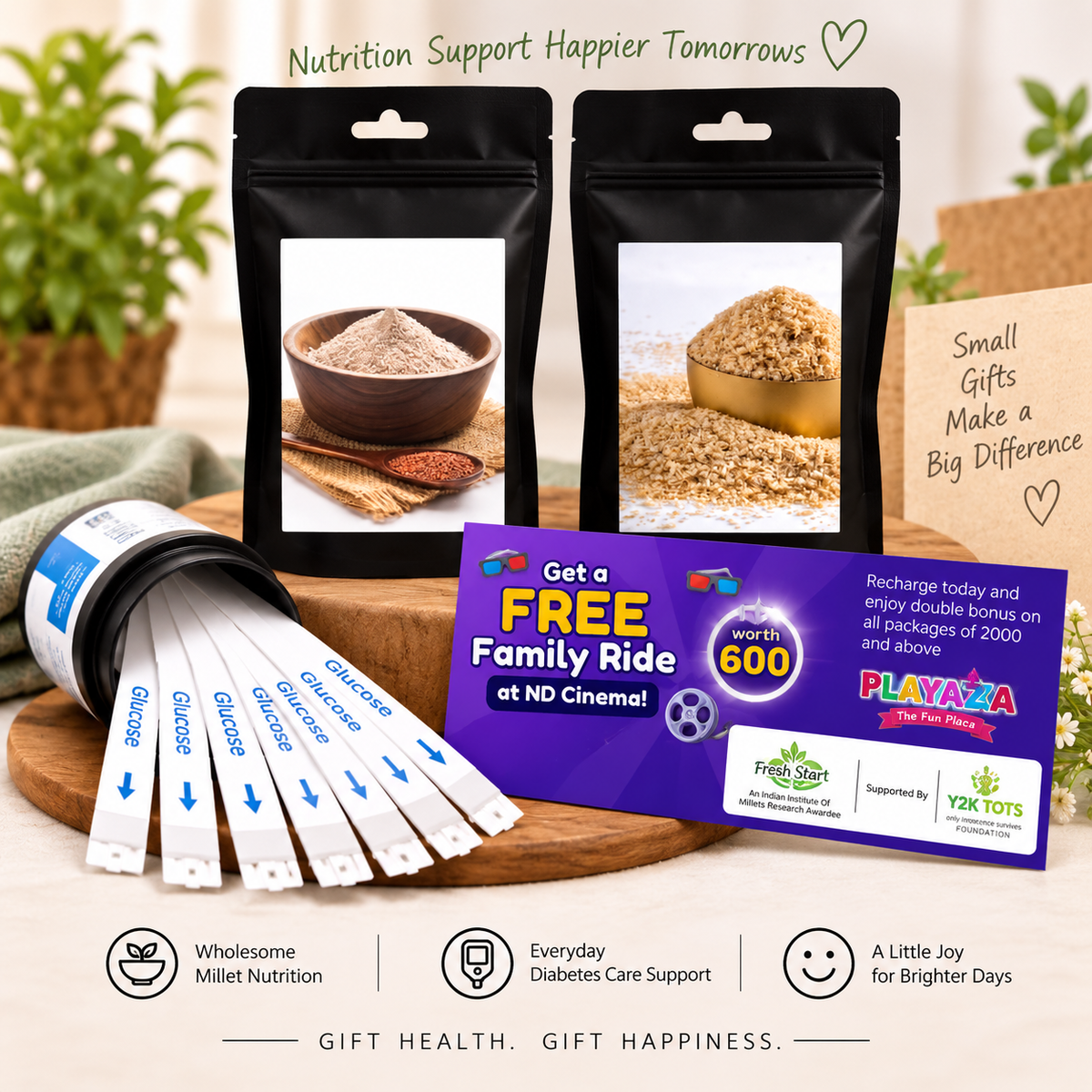 T1D Care Gift Combo – Activated & Unpolished Millet Flakes & Flour + 20 Glucose Test Strips + Free Playaza Family Ride