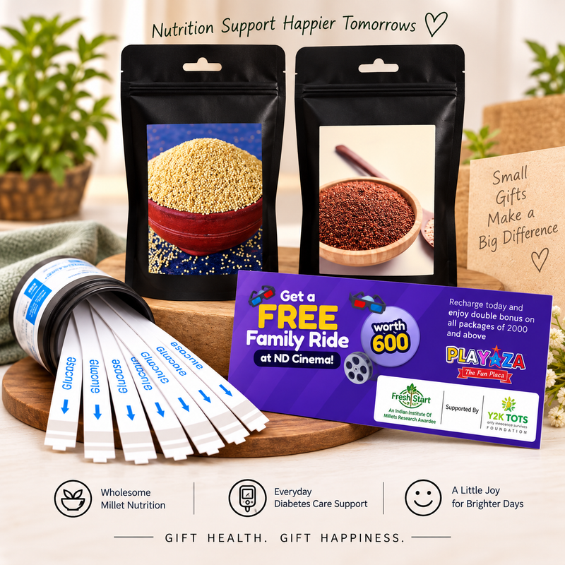 T1D Care Gift Combo – Activated & Unpolished Millet Rice + 50 Glucose Test Strips + Free Playaza Family Ride