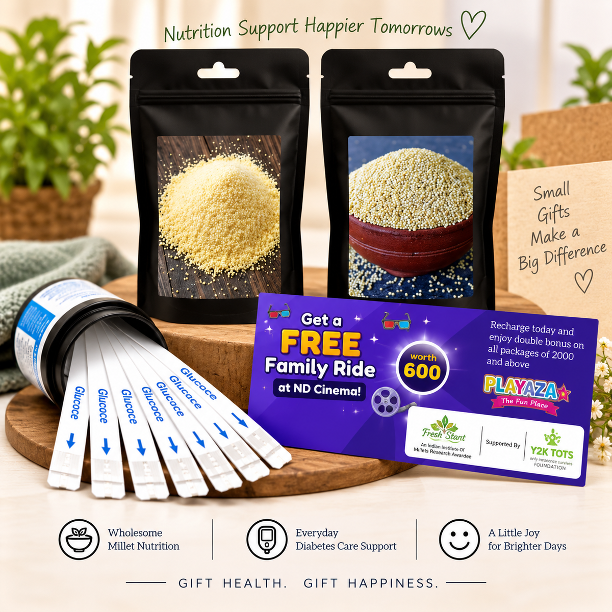 T1D Care Gift Combo – Activated & Unpolished Millet Rice & Rava + 50 Glucose Test Strips + Free Playaza Family Ride