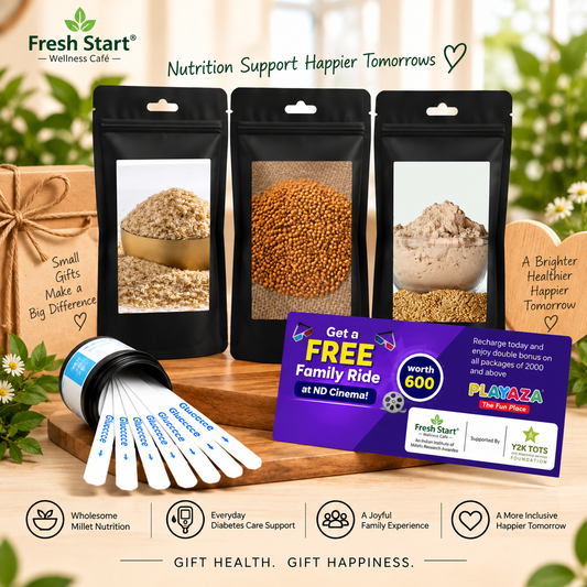 T1D Care Gift Combo – Activated & Unpolished Millet Flakes, Rice & Flour + 50 Glucose Test Strips + Free Playaza Family Ride