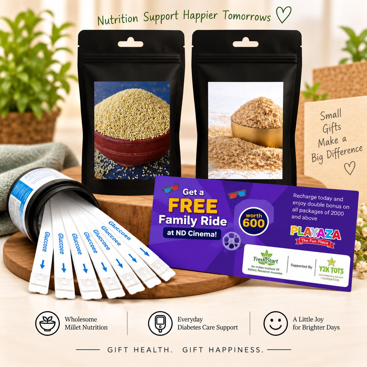 T1D Care Gift Combo – Activated & Unpolished Millet Rice & Flakes + 50 Glucose Test Strips + Free Playaza Family Ride