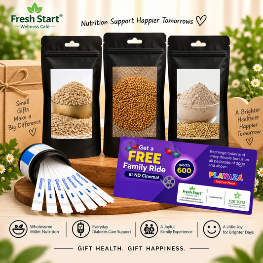 T1D Care Gift Combo – Activated & Unpolished Millet Flakes, Flour & Rice + 50 Glucose Test Strips + Free Playaza Family Ride