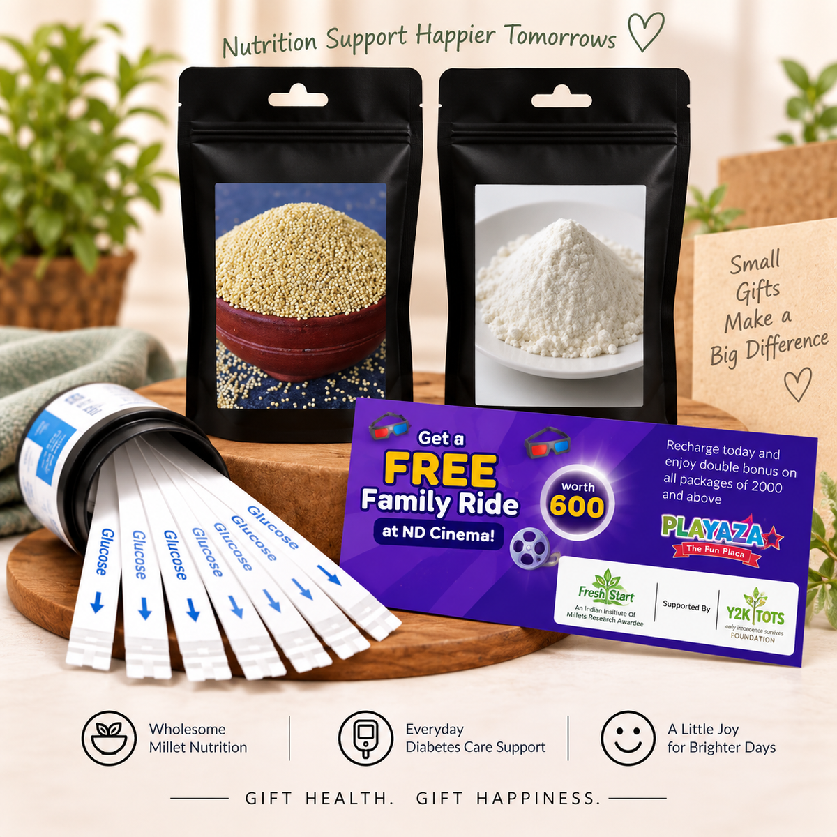 T1D Care Gift Combo – Activated & Unpolished Millet Flour & Rice + 50 Glucose Test Strips + Free Playaza Family Ride