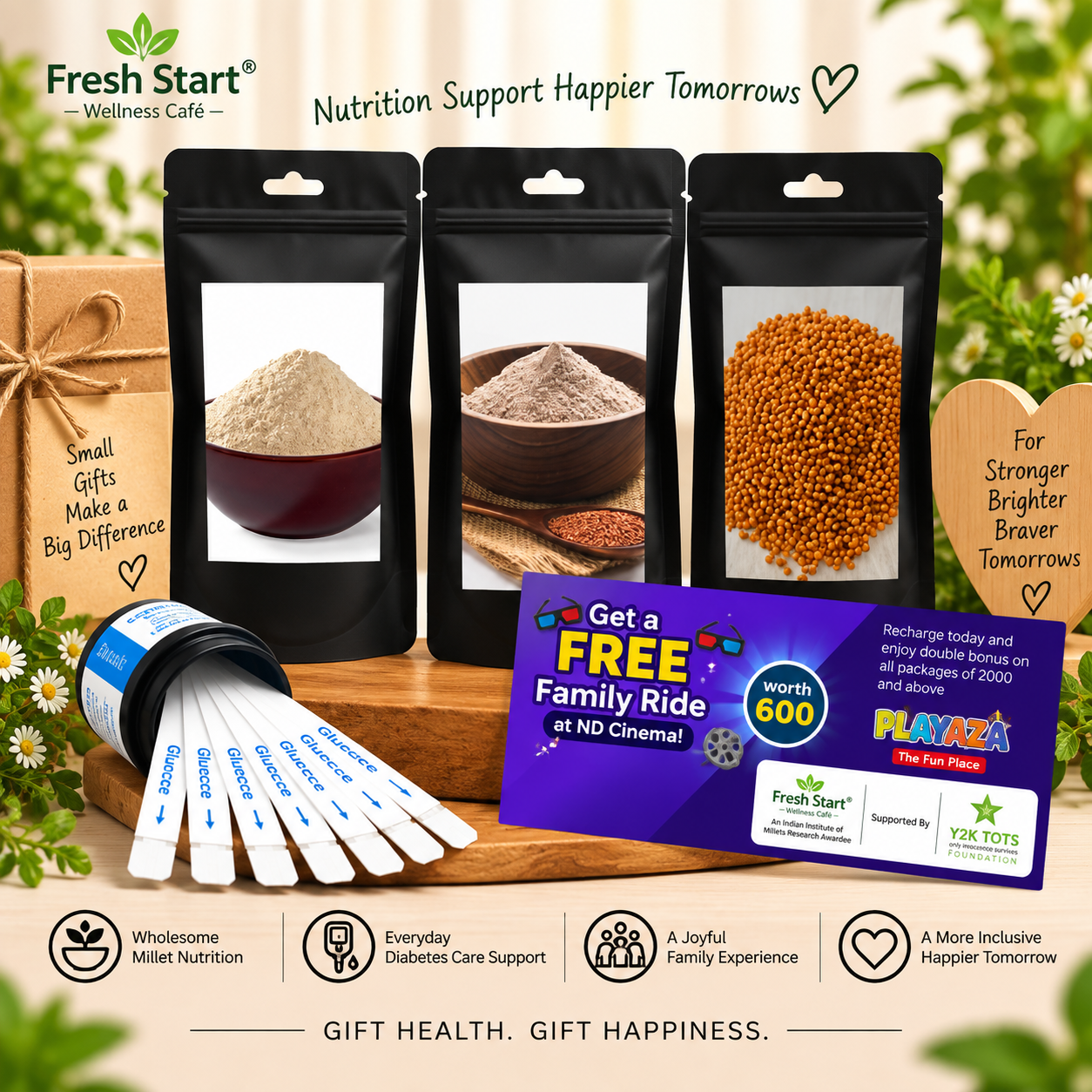 T1D Care Gift Combo – Activated & Unpolished Millet Flours & Rice + 50 Glucose Test Strips + Free Playaza Family Ride