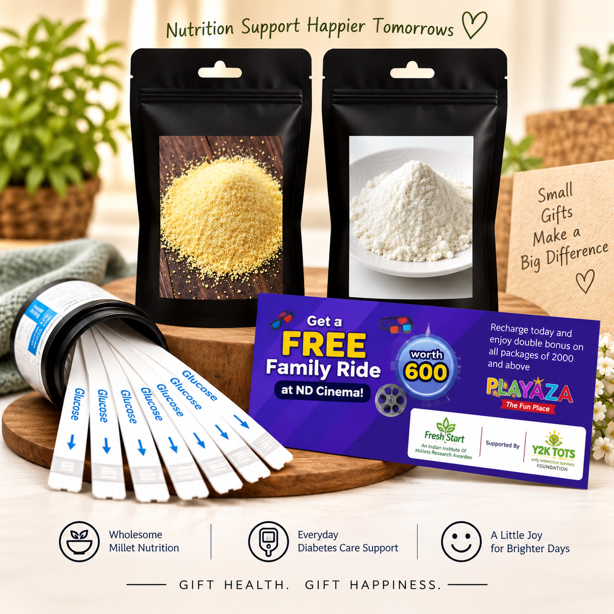 T1D Care Gift Combo – Activated & Unpolished Millet Rava & Flour + 50 Glucose Test Strips + Free Playaza Family Ride