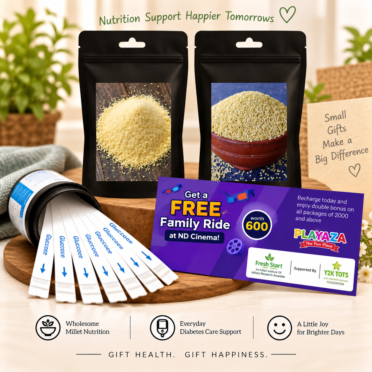 T1D Care Gift Combo – Activated & Unpolished Millet Rava & Rice + 50 Glucose Test Strips + Free Playaza Family Ride
