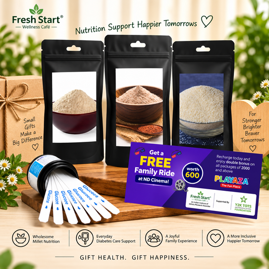 T1D Care Gift Combo – Activated & Unpolished Millet Flours & Rava + 50 Glucose Test Strips + Free Playaza Family Ride