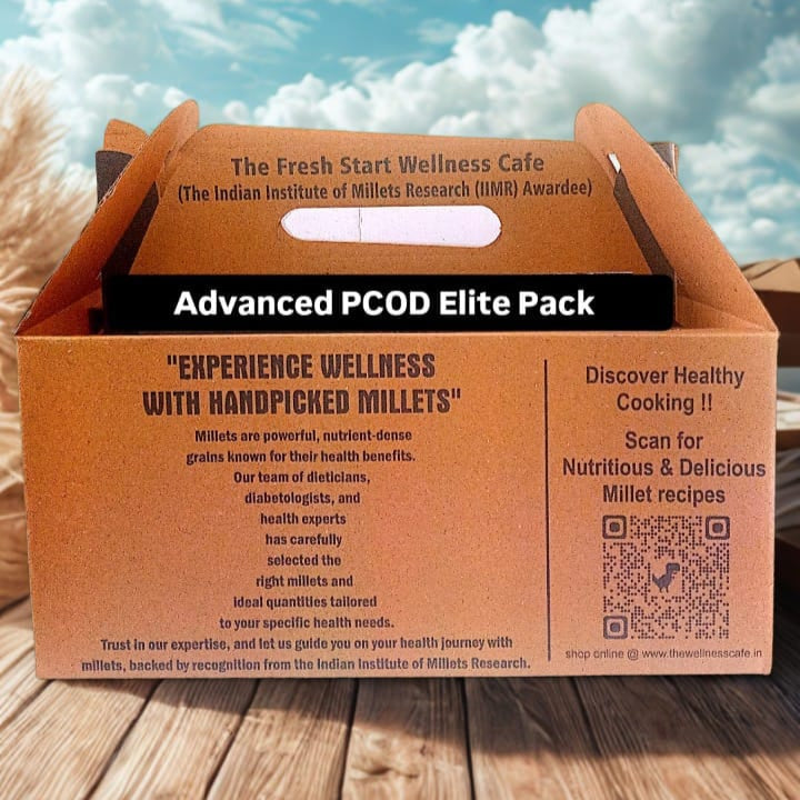 Orange box labeled 'Advanced PCOD Elite Pack' on a wooden surface with a cloudy sky background
