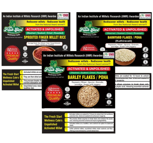 Activated 3 combo Sprouted Ragi Rice  , Barnyard Millet flakes  & Barley flakes