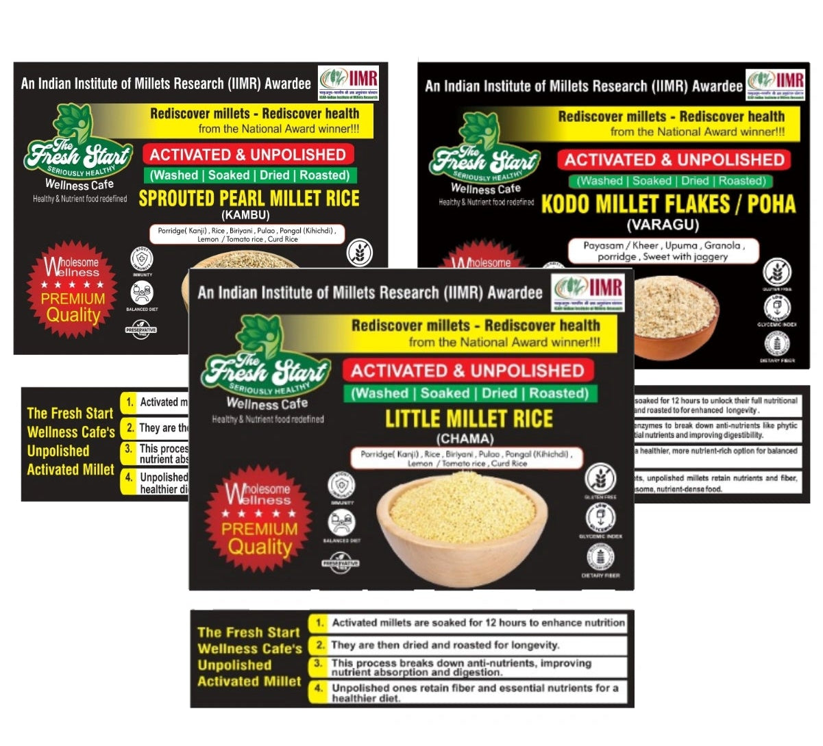 Activated 3 combo Sprouted Pearl Rice  , Kodo Millet flakes & Little Millet rice