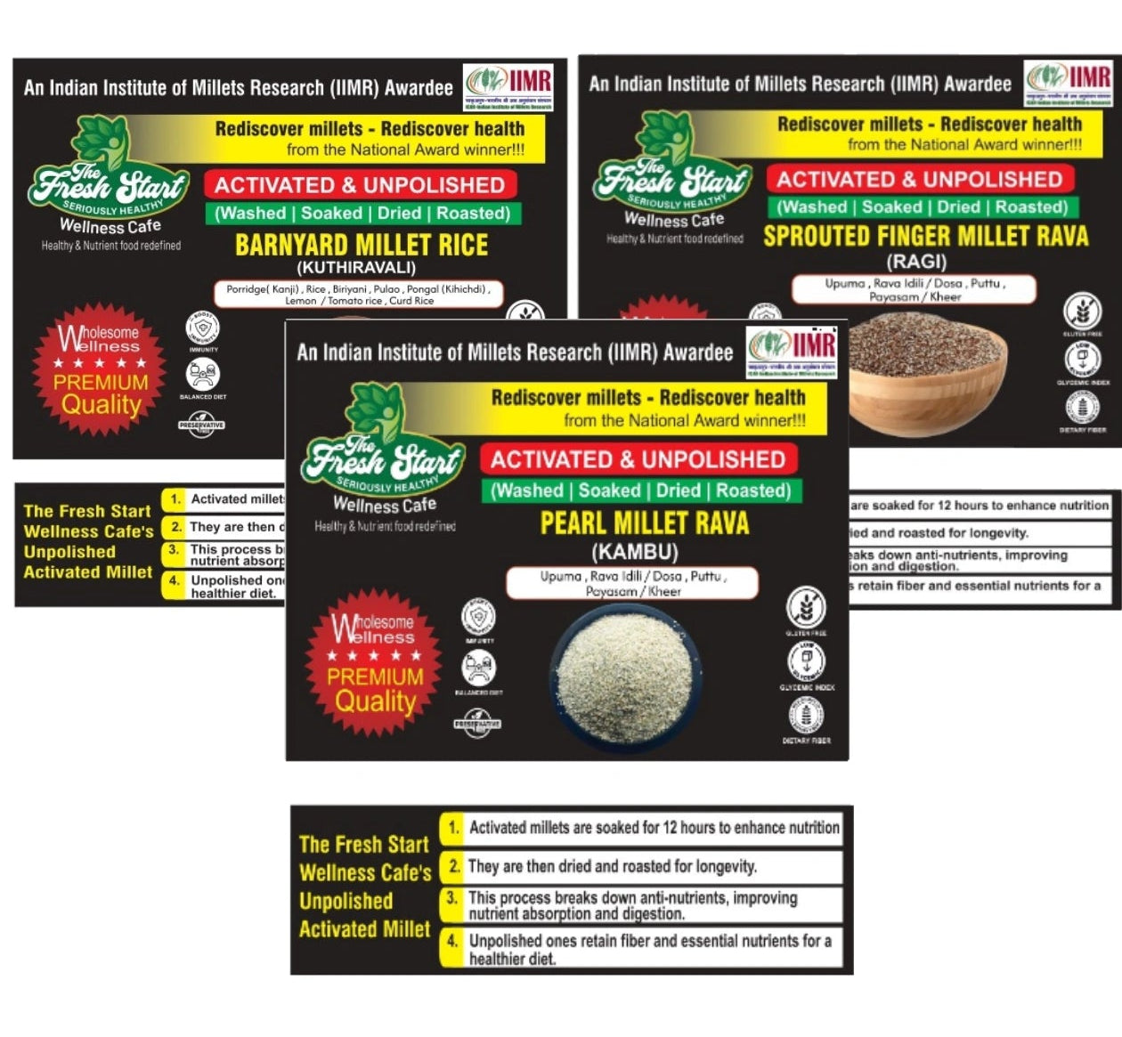 Activated 3 combo Sprouted Pearl Millet Rava , Barnyard Millet rice  & Sprouted Finger Millet (Ragi) Millet Rava