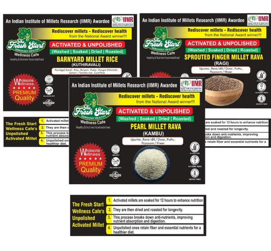 Activated 3 combo Sprouted Pearl Millet Rava , Barnyard Millet rice  & Sprouted Finger Millet (Ragi) Millet Rava