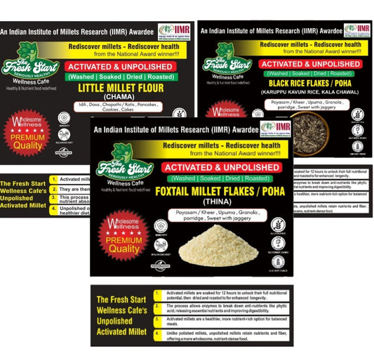 Activated 3 combo Little Millet flour  , Foxtail Millet flakes   & Black rice flakes