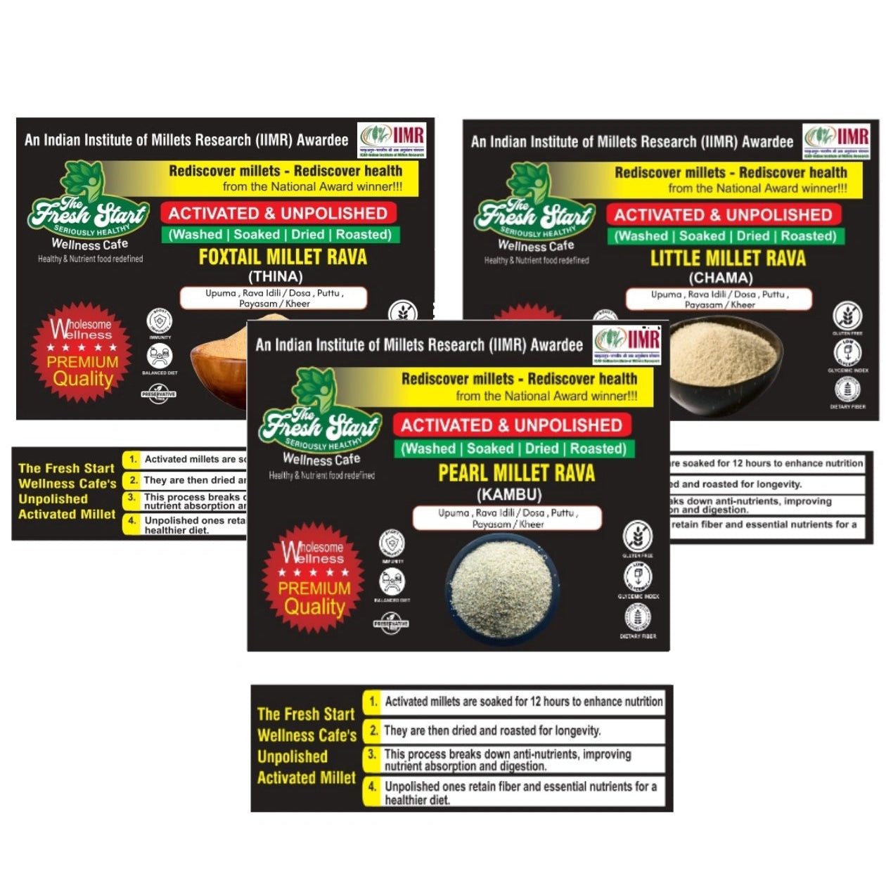 Activated 3 combo Foxtail Millet Rava  ,Little Millet Rava   & Pearl Millet Rava