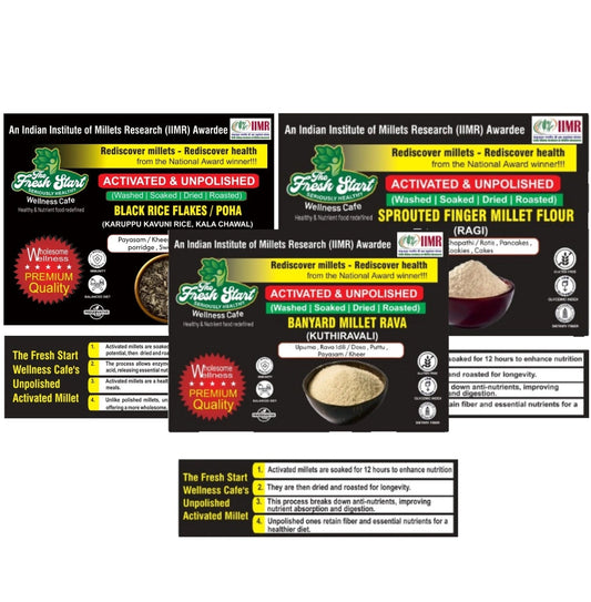 Activated 3 combo Black rice flakes ,Sprouted Ragi Millet Flour  & Barnyard MIllet Rava