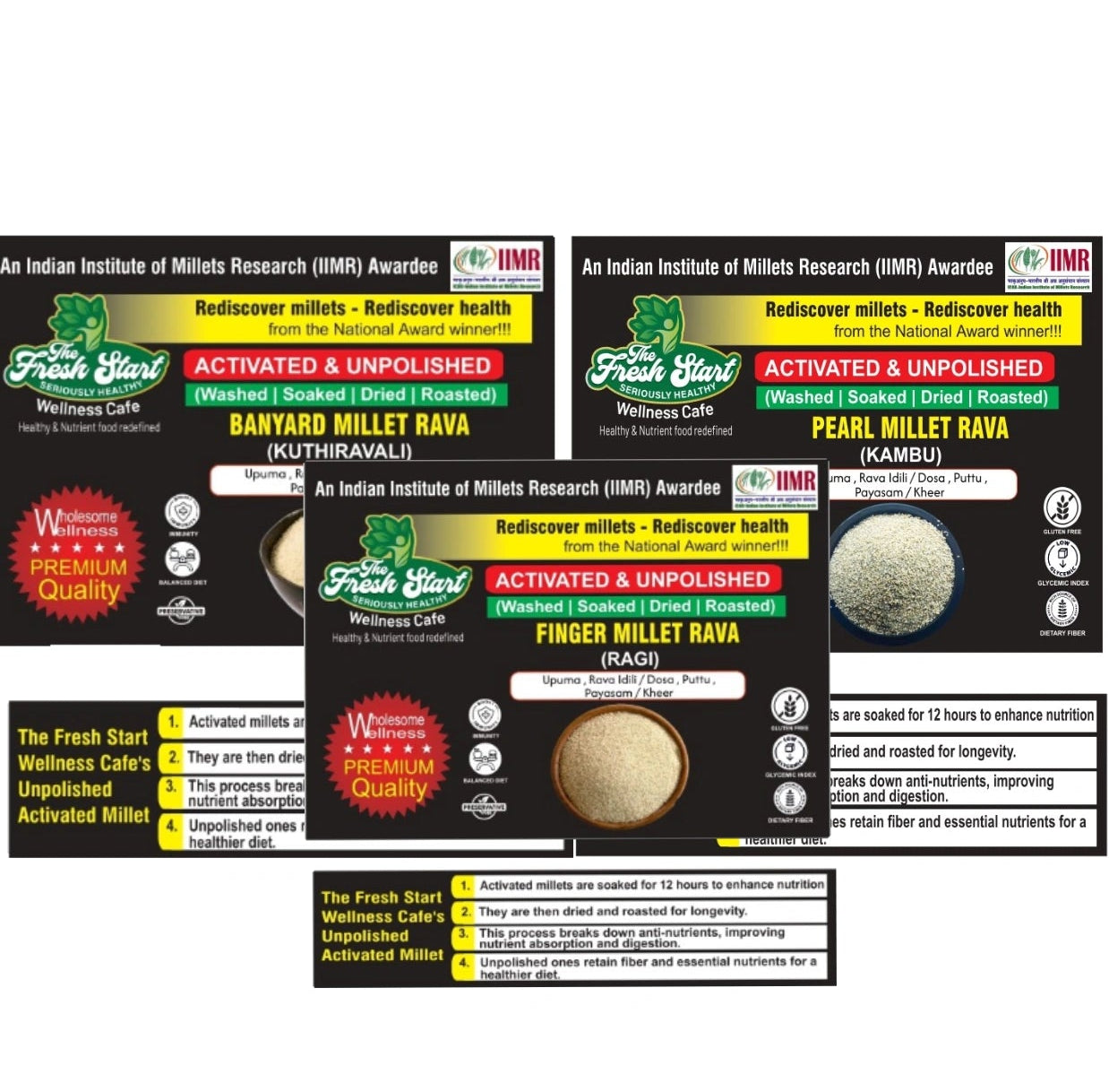 Activated 3 combo Barnyard MIllet Rava ,Sprouted Pearl Millet Rava & Finger Millet (Ragi) Rava