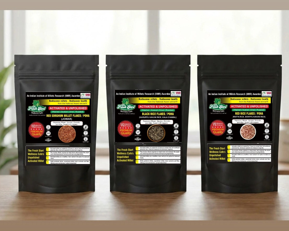 Activated Flakes Combo – Pack of 3 (400g each) (Black Rice Flakes, Red Rice Flakes, and Red Sorghum Flakes)