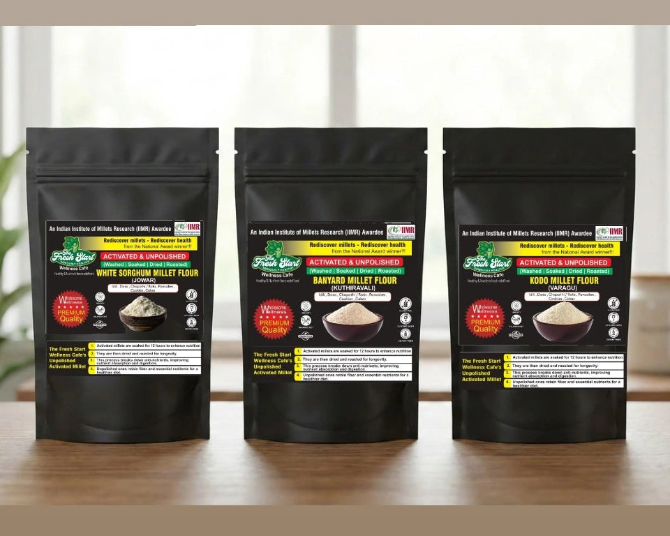 Activated Flour Combo – Pack of 3 (500g each) (White sorghum  Flour, Barnyard Millet Flour, and Kodo Millet Flour)