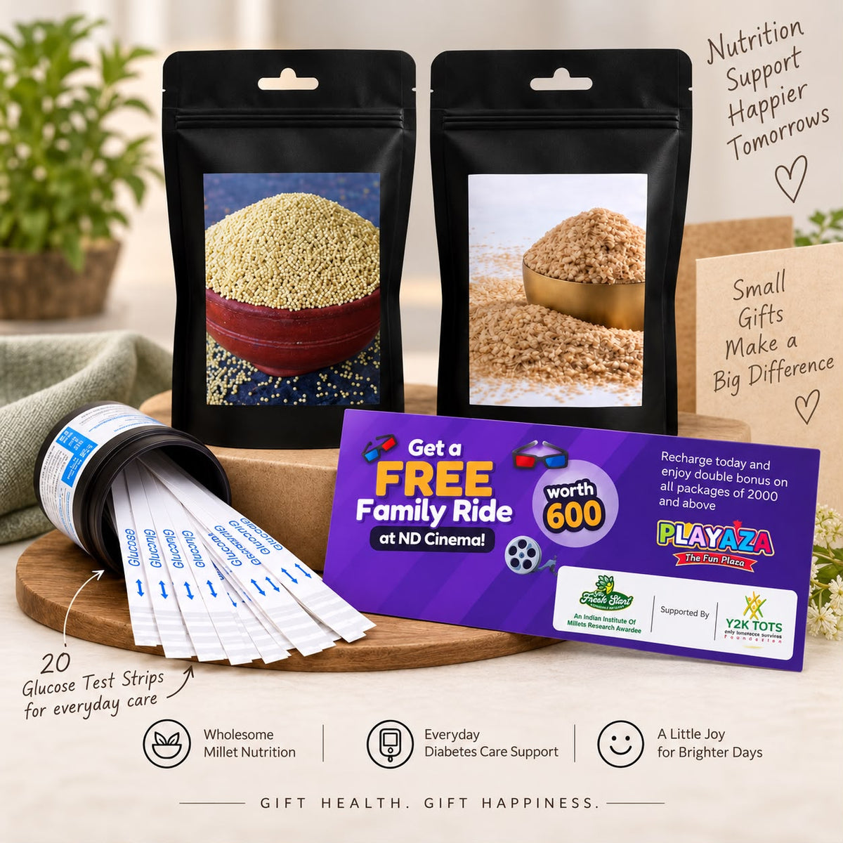 T1D Care Gift Combo – Activated & Unpolished Millet Flakes & Rice + 20 Glucose Test Strips + Free Playaza Family Ride
