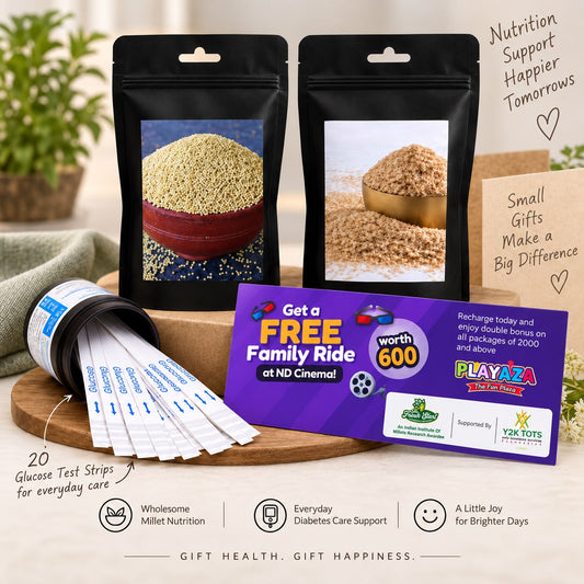 T1D Care Gift Combo – Activated & Unpolished Millet Flakes & Rice + 20 Glucose Test Strips + Free Playaza Family Ride