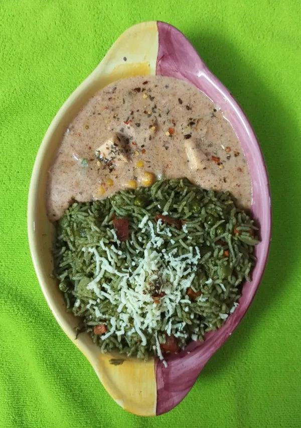 Green Rice with Paneer & Vegetables in Ragi Sauce
