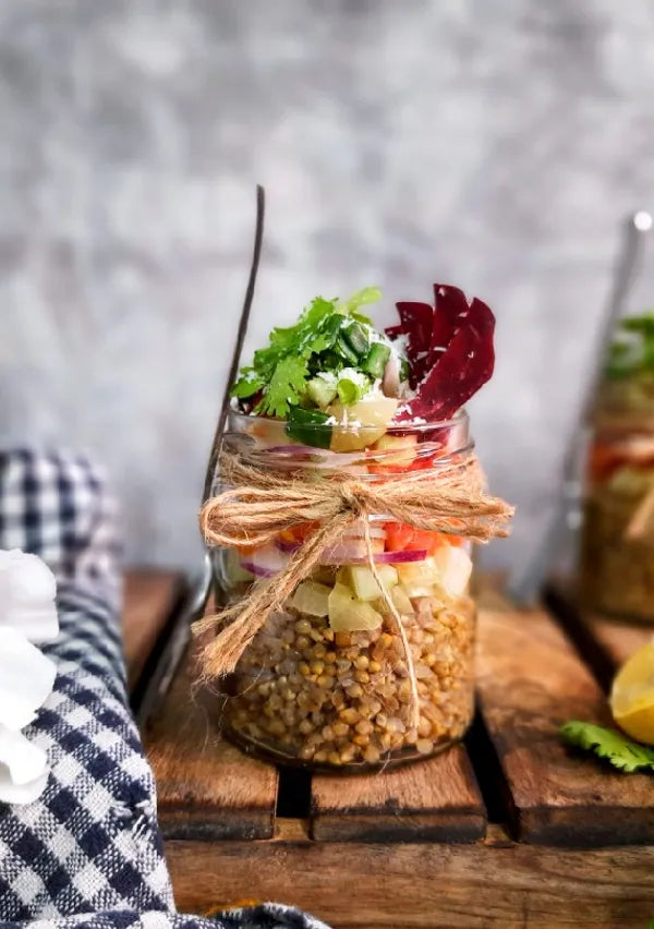 Pearl Millet rice salad, Indian salsa and Curry leaves scented oil